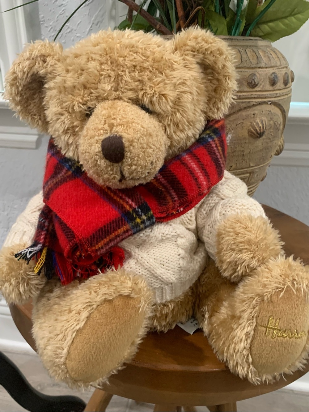 Harrods Vintage Tan Teddy Bear with Red Plaid Scarf and Cream Sweater